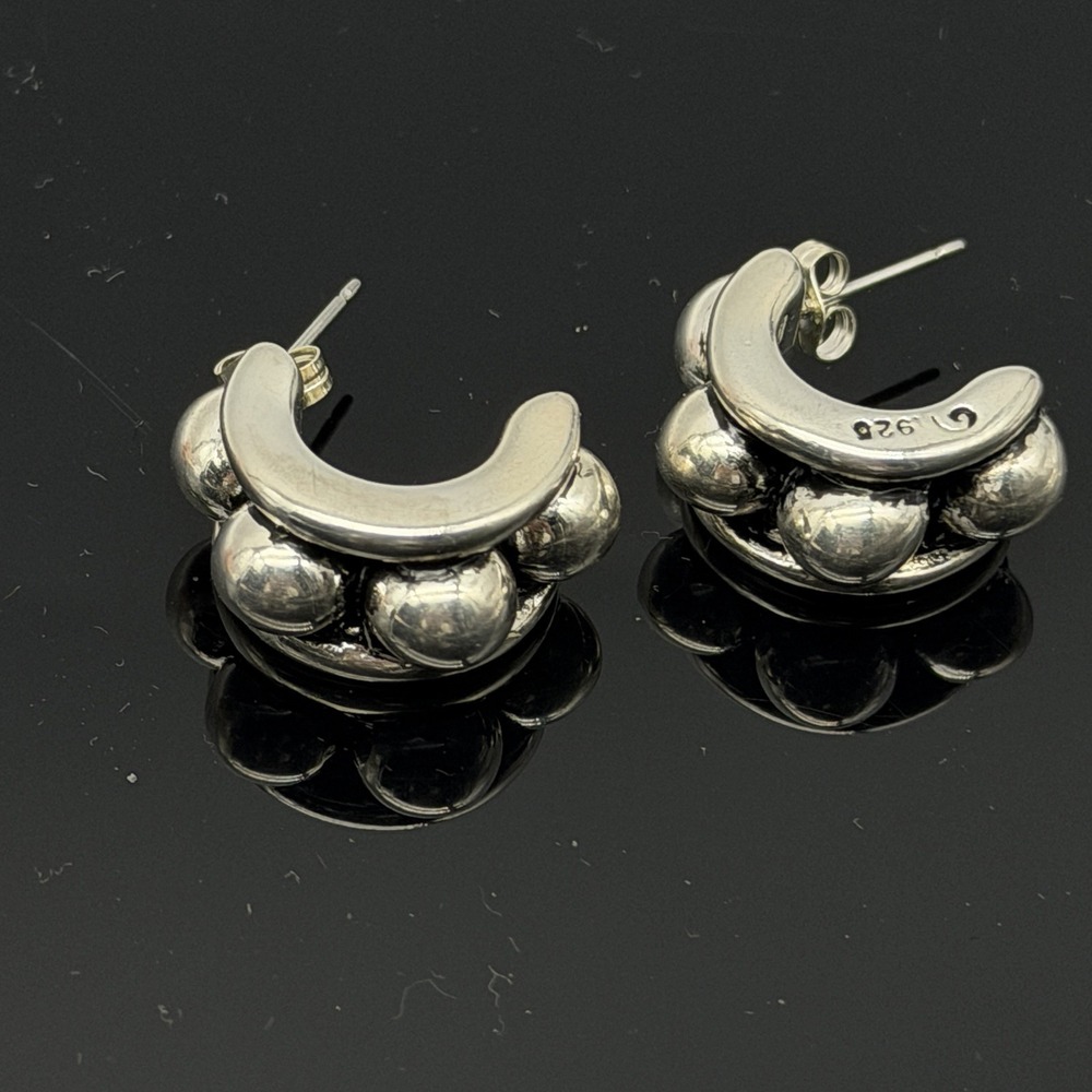 Solid Sterling Silver Beaded Chunky Half Hoop Pierced Earrings